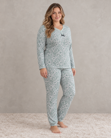 Pijamale dama bumbac - Pijama Dama Marime Mare din Bumbac, Maneca Lunga si Pantaloni Lungi, Model Floral Verde Menta