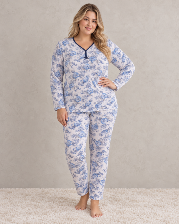 Pijamale dama bumbac - Pijama dama bumbac marime mare cu imprimeu floral albastru, maneca lunga si pantaloni lungi
