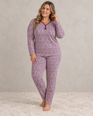 Pijamale dama bumbac - Pijama Dama Marime Mare din Bumbac, Maneca Lunga si Pantalon Lung, Model Floral Mov