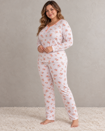 Pijamale dama bumbac - Pijama Dama Marimi Mari din Bumbac cu Imprimeu Floral, Bluza Maneca Lunga si Pantaloni Lungi