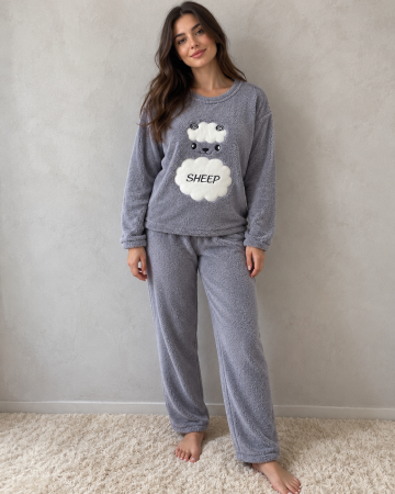 Pijamale cocolino dama - Pijama pufoasa cocolino dama gri cu model oita, bluza maneca lunga si pantaloni lungi
