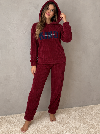 Pijamale cocolino dama - Pijama Dama Cocolino Pufoasa si Calduroasa cu Gluga, 2 Piese, Visiniu Bordo 7027