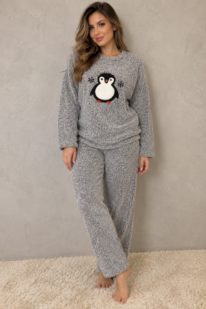 Pijamale cocolino dama - Pijama Cocolino Dama Gri Pufoasa cu Pinguin, Bluza cu Maneca Lunga si Pantaloni Lungi