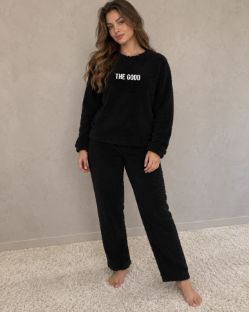 Pijamale cocolino dama - Pijama dama pufoasa cocolino neagra The Good, bluza cu maneca lunga si pantaloni lungi