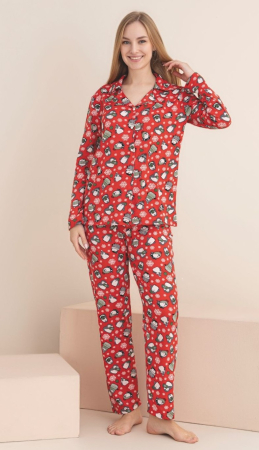 Pijama cu nasturi dama Rosie de Craciun cu Model Pinguini si Fulgi de Nea 5000 [3]
