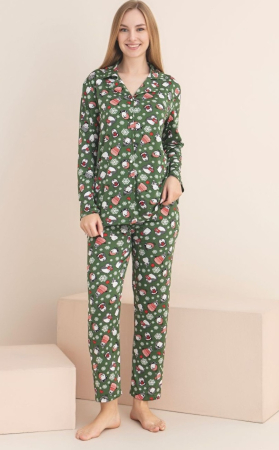 Pijama cu nasturi Craciun Dama Verde cu Mos Craciun si Oameni de Zapada 5002 [1]