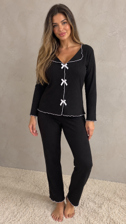 Pijamale dama - Pijama Dama Neagra Reiata cu Fundite Albe, Bluza cu Maneca Lunga si Pantaloni Lungi