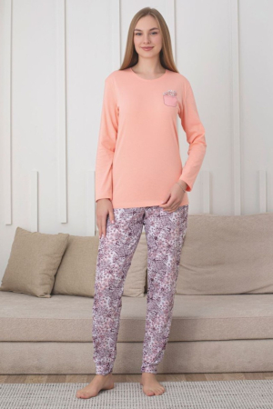 Pijamale dama bumbac - Pijama bumbac de Dama Confortabila, Set cu Bluza si Pantaloni lungi, corai 1018