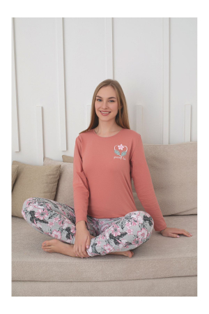 Pijama bumbac de Dama Confortabila, Set cu Bluza si Pantaloni lungi, corai 1021 [1]