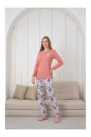 Pijama bumbac de Dama Confortabila, Set cu Bluza si Pantaloni lungi, corai 1021 [2]