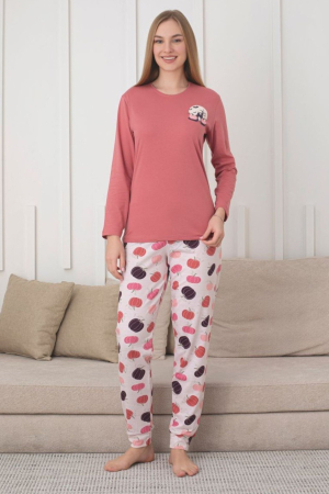 Pijamale dama bumbac - Pijama bumbac de Dama Confortabila, Set cu Bluza si Pantaloni lungi, corai 1025