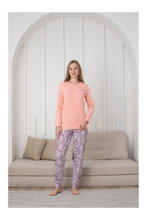 Pijama bumbac de Dama Confortabila, Set cu Bluza si Pantaloni lungi, corai 1018 [2]