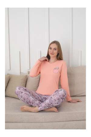 Pijama bumbac de Dama Confortabila, Set cu Bluza si Pantaloni lungi, corai 1018 [1]
