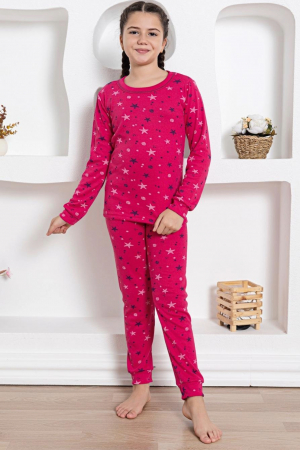 Pijamale copii - Pijama fete bumbac, maneci si pantaloni lungi, imprimeu stelute, roz fucsia , embody.ro