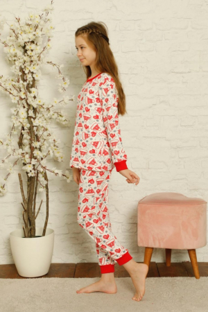 Pijama fete bumbac, motiv Craciun, maneci si pantaloni lungi rosu/alb [2]