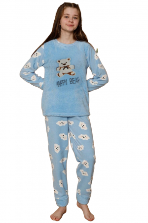 Pijama fete cocolino, pufoasa si calduroasa, imprimeu happy bear, albastru, embody.ro [3]