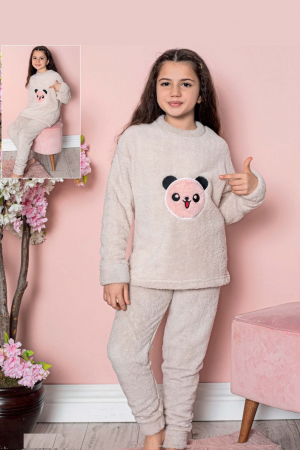 Pijama fete cocolino, pufoasa si calduroasa, imprimeu Ursulet, bej [1]