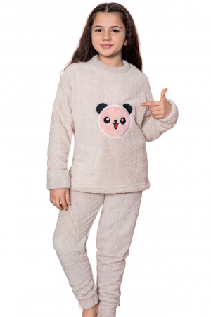 Pijama fete cocolino, pufoasa si calduroasa, imprimeu Ursulet, bej [3]