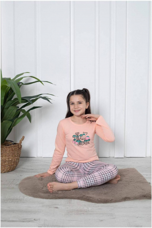 Pijamale copii - Pijama fete, din material bumbac, maneci si pantaloni lungi, imprimeu Cool, roz 4006, embody.ro