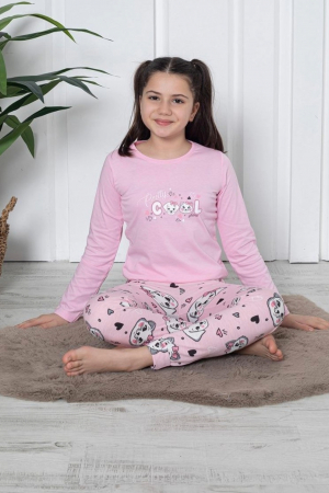 Pijamale copii - Pijama fete, din material bumbac, maneci si pantaloni lungi, imprimeu Cool, roz 4006, embody.ro