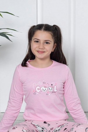 Pijama fete, din material bumbac, maneci si pantaloni lungi, imprimeu Cool, roz 4006, embody.ro [1]