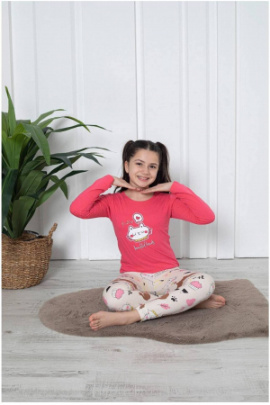 Pijamale copii - Pijama fete, din material bumbac, maneci si pantaloni lungi, imprimeu Cool, roz 4006, embody.ro