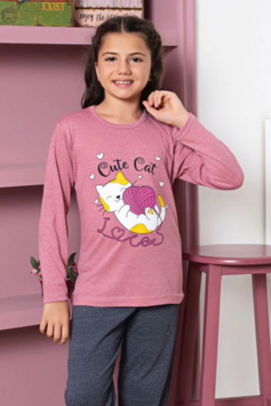 Pijama fete, din material bumbac, maneci si pantaloni lungi, imprimeu Cute Cat, roz, embody.ro [2]
