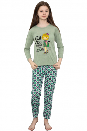 Pijama fete, din material bumbac, maneci si pantaloni lungi, imprimeu Love, verde, embody.ro [2]