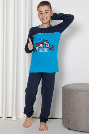 Pijamale copii - Pijama baieti, din material bumbac, maneci si pantaloni lungi, imprimeu motocicleta, albastru embody.ro