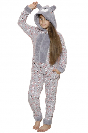 Pijama fete intreaga, tip salopeta kigurumi, pufoasa, inchidere fermoar fata-spate si gluga, gri [3]