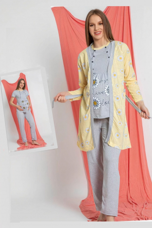 Set pijama gravida bumbac, 3 piese, deschidere nasturi pentru alaptat, gri [1]