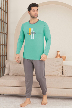 Pijamale barbati bumbac - Pijama lunga bumbac pentru barbati, gri/verde 1200