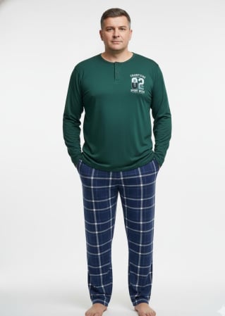 Pijamale barbati bumbac - Pijama lunga bumbac fin si calitativ marime mare, buzunare la pantaloni 205 verde