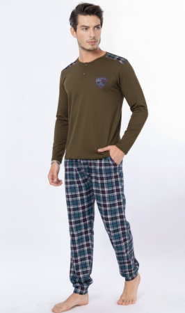 Pijamale barbati bumbac - Pijama lunga bumbac fin si calitativ, buzunare la pantaloni albastru/kaki 207