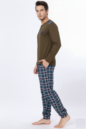 Pijama lunga bumbac fin si calitativ, buzunare la pantaloni albastru/kaki 207 [1]