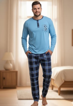 Pijamale barbati bumbac - Pijama lunga bumbac fin si calitativ, buzunare la pantaloni 203 albastru