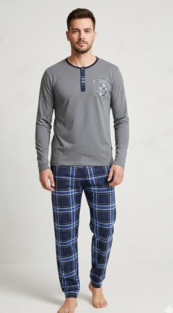 Pijamale barbati bumbac - Pijama lunga bumbac fin si calitativ, buzunare la pantaloni 203 gri/albastru