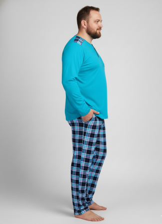 Pijama lunga bumbac fin si calitativ marime mare, buzunare la pantaloni 205 albastru carouri [1]
