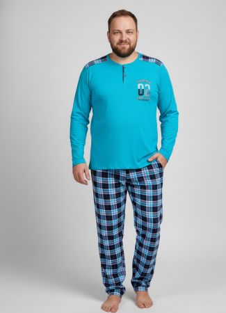 Pijamale barbati bumbac - Pijama lunga bumbac fin si calitativ marime mare, buzunare la pantaloni 205 albastru carouri