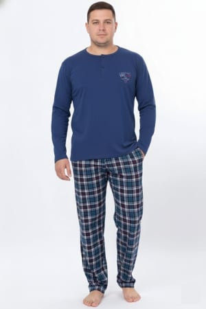 Pijamale barbati bumbac - Pijama lunga bumbac fin si calitativ marime mare, buzunare la pantaloni 205 albastru