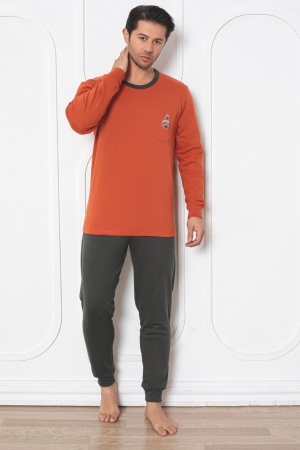 Pijamale - Pijama lunga bumbac interlock pentru barbati, gri/portocaliu 402