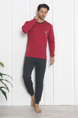 Pijamale - Pijama lunga bumbac interlock pentru barbati, gri/visiniu 407