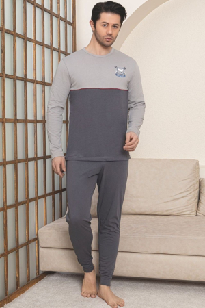 Pijamale - Pijama lunga bumbac penye pentru barbati, gri 1052
