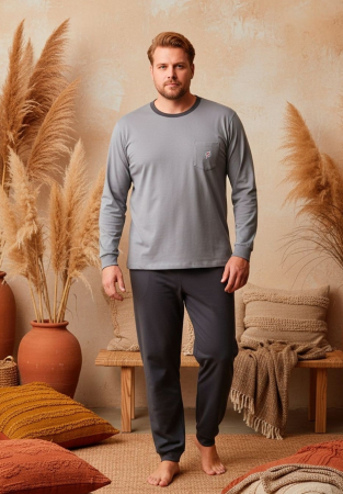 Pijamale - Pijama lunga bumbac interlock pentru barbati, marime mare, gri 3012