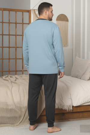 Pijama lunga bumbac interlock pentru barbati, marime mare, bleu/negru 3005 [2]