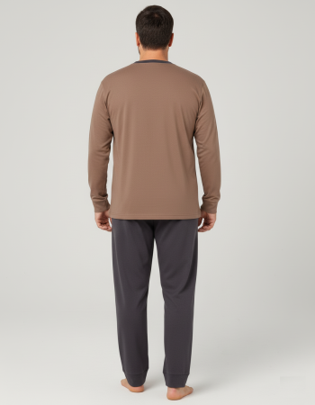 Pijama lunga bumbac interlock pentru barbati, marime mare, maro 3018 [2]