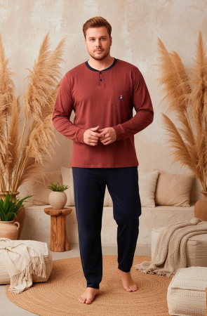 Pijamale - Pijama lunga bumbac interlock pentru barbati, marime mare, caramiziu 3009
