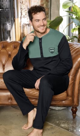 Pijamale - Pijama lunga bumbac interlock pentru barbati, negru/verde 5881