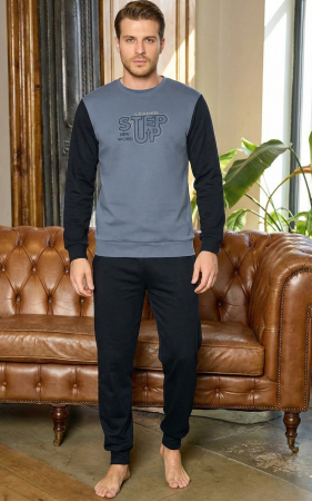 Pijamale - Pijama lunga bumbac interlock pentru barbati, negru/gri 5904