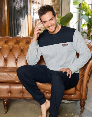 Pijamale barbati bumbac - Pijama lunga bumbac interlock pentru barbati, negru/gri 5884